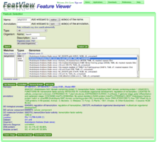 FeatView's results after searching for genomic features with the name "At1g01010". The Arabidopsis thaliana genome from TAIR version 9 is selected and the feature type "CDS" is selected.